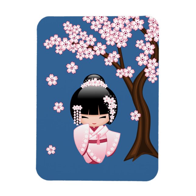 Ímã Quimono Rosa Boneca Kawaii Kokeshi em Azul (Vertical)