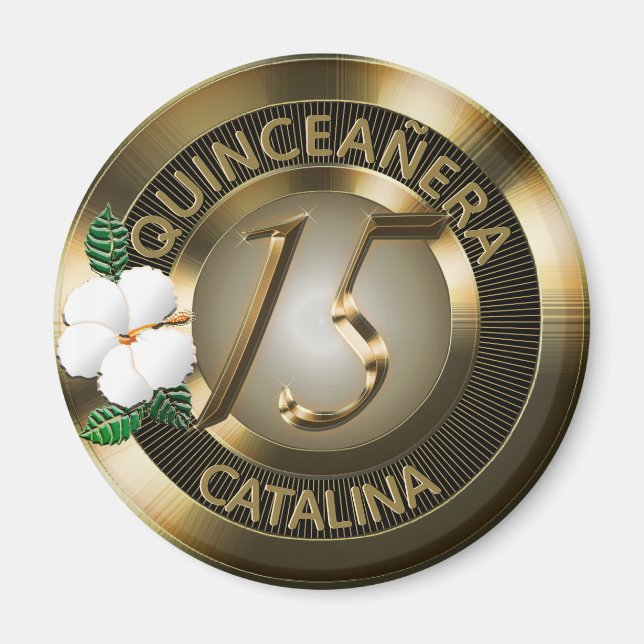Imã Quinceanera 15 Aniversário Dourado Faux Metálico (Frente)