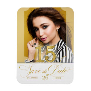 Ímã Quinceanera English Save the Date in Dourado