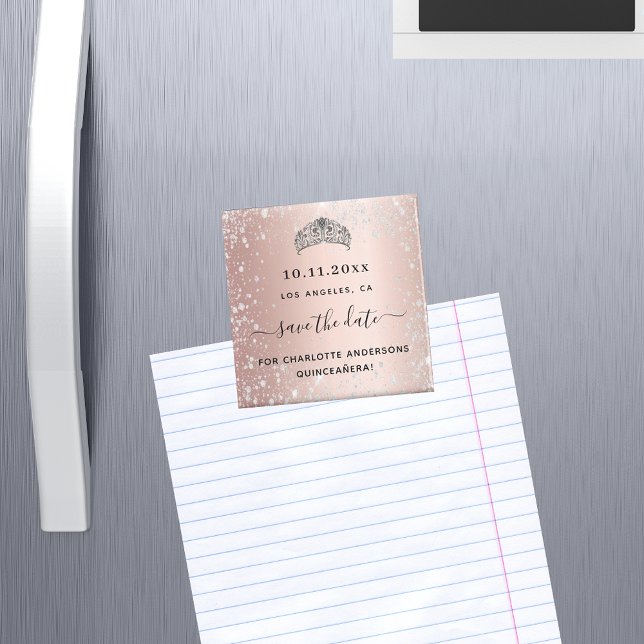 Imã Quinceanera rosa dourado glitter tiara salvar a da (Criador carregado)