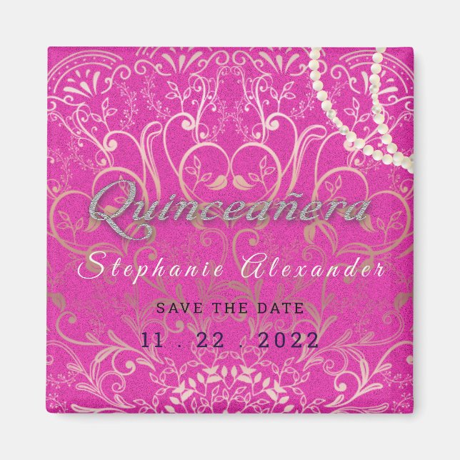 Imã Quinceanera rosa-quente Guarde pérolas de data, br (Frente)