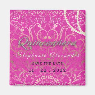 Imã Quinceanera rosa quente Salve as pérolas da data,