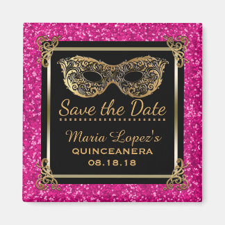 Imã Quinceanera Salve a Data Aniversário Rosa Dourada