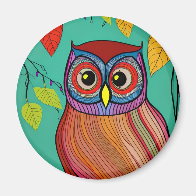 Imã Quirky Colorful Folk Art Abstrato Owl (Frente)