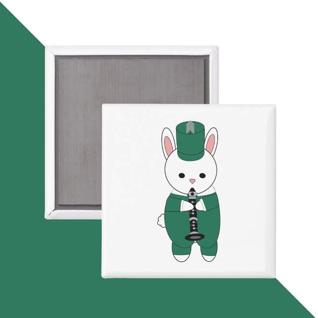 Imã Rabbit Clarinet Marching Banda Verde Branco (A magnet with a bunny rabbit playing the clarinet and wearing a green & white marching band uniform.)