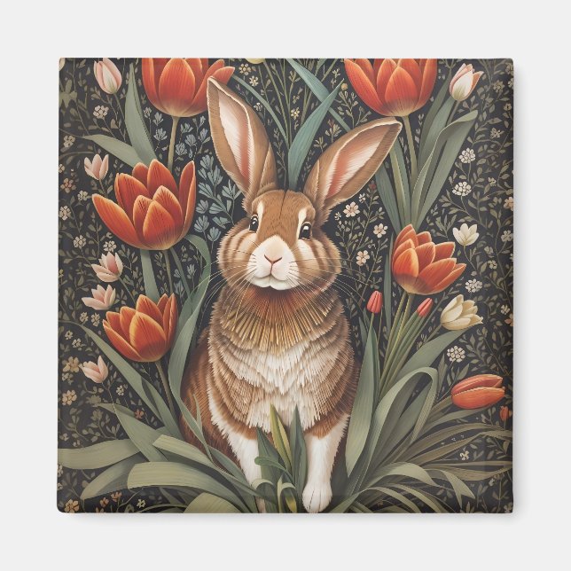 Imã Rabbit vermelho Tulipas William Morris inspiradas (Frente)