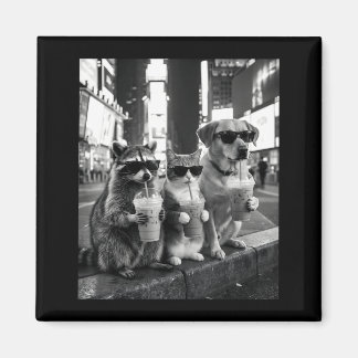 Imã Raccoon Cat Dog Drinking Iced Coffee Funny Animal