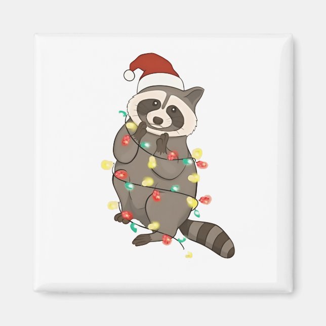 Imã Raccoon Felry Christmas Lights Santa Hat Xmas Snow (Frente)
