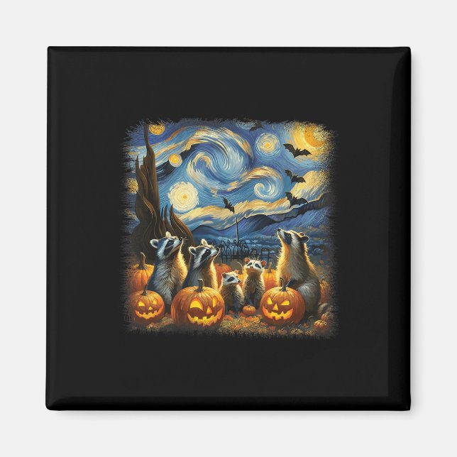 Imã Raccoons E Possum Halloween Fall Van Gogh Starry (Frente)