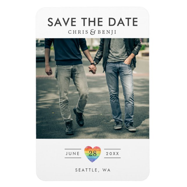 Ímã Rainbow Heart LGBTQ Save the Date with Photo (Vertical)