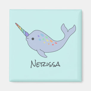 Imã Rainbow Narwhal Name Magnet Quadrado