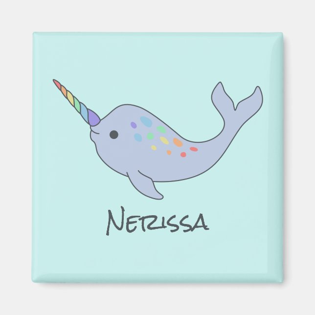 Imã Rainbow Narwhal Name Magnet Quadrado (Frente)