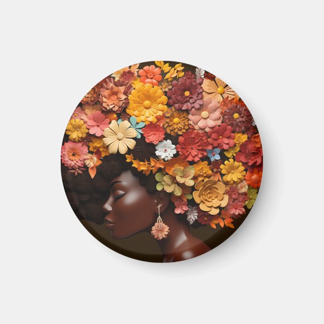 Imã Rainha Negra Melanina Mulheres 3D Flor Afro (Frente)