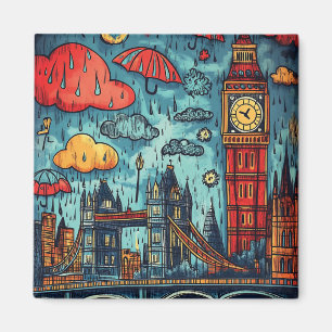 Imã Rainy Day in London, Ilustração Colorida de Dodle