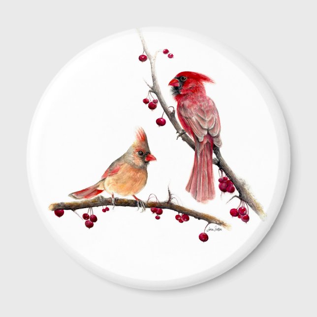 Imã Ramais de Berry Casal Cardeal (Cardinal Couple Berry Branches Magnet from Jenn Steffen Art
)