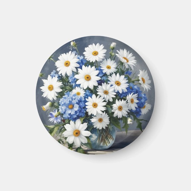 Imã Ramalhete de Flores Elegantes Margaridas Aquarela (Frente)