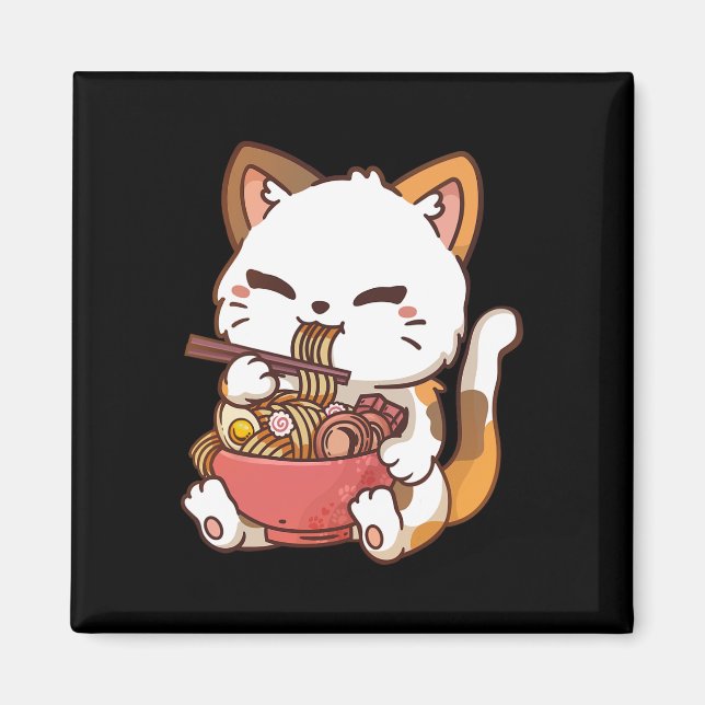 Imã Ramen Cat Anime Kawaii Cat Eating Ramen (Frente)