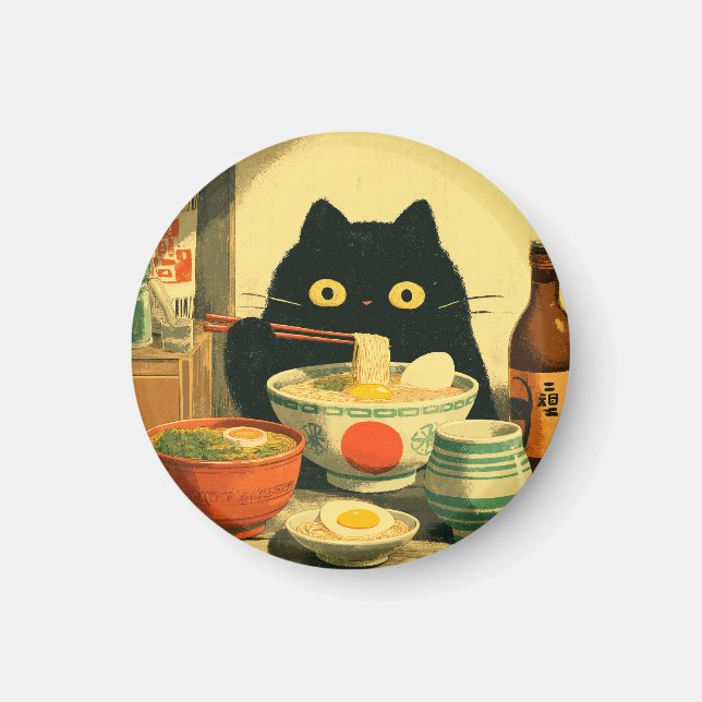 Imã Ramen Comendo Gato Negro Engraçado (Frente)