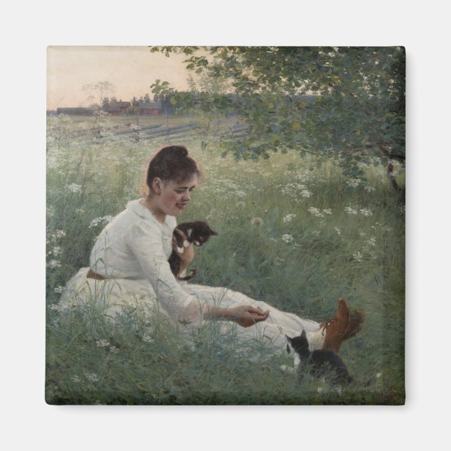 Imã Rapariga com Gatos na Paisagem de Verão (Kittens) (Frente)