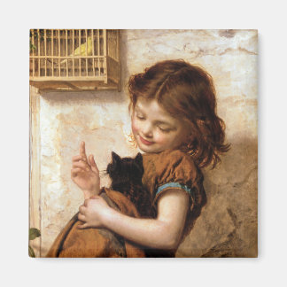Imã Rapariga, Gatinho e Pássaro - Pintura Vintage
