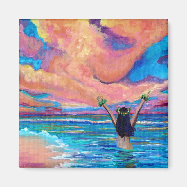 Imã Rapariga Hula Havaiana no Magneta Sunrise (Frente)