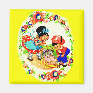 Imã rapariga, rapaz, gatinho e filhote