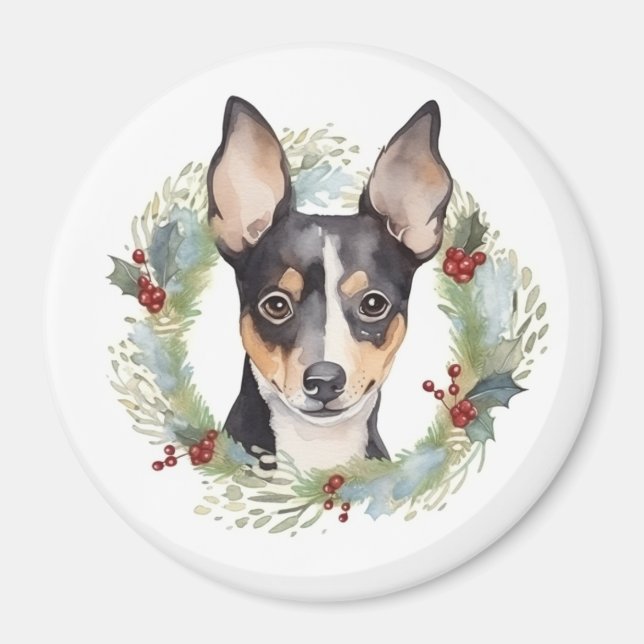 Imã Rat Terrier Christmas Wreath Festivo Pup (Frente)