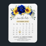 Ímã Real Blue Rustic Sunflower Modern Salve a data<br><div class="desc">País rústico elegante e moderno, exceto a data em que o ímã de calendário apresenta girassol amarelo vivo, peões azuis reais, hálito de bebê, estrutura floral de girófila/coroa com folhas de eucalipto. Por favor, encontre mais designs e variações na minha loja de "blisswedingpaperie". E fique à vontade para me contactar...</div>