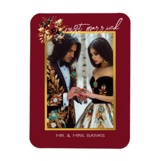 Ímã Recem casados de Foto de Casamento de Folha Dourad