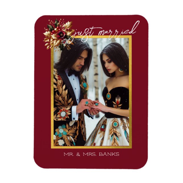 Ímã Recem casados de Foto de Casamento de Folha Dourad (Vertical)