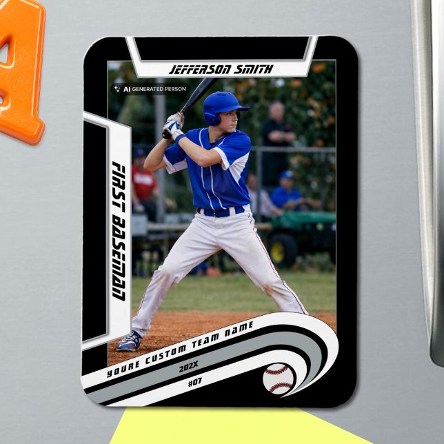Ímã Recordações de Beisebol Vivas Prata Preto Personal (Baseball Player Magnet in Black with Custom Team Name and White Silver Elements)