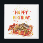 Imã Red and Gold Happy birthday Sulcata tortoise gift<br><div class="desc">Watercolor drawing in gold and red with a Sulcata tortoise in a birthday gift box surrounded with shreds and ribbons. Perfect birthday gift for turtle lovers. Model: Buttons.</div>