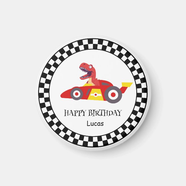 Imã Red Birthday Dinosaur, corrida de carros de corrid (Frente)