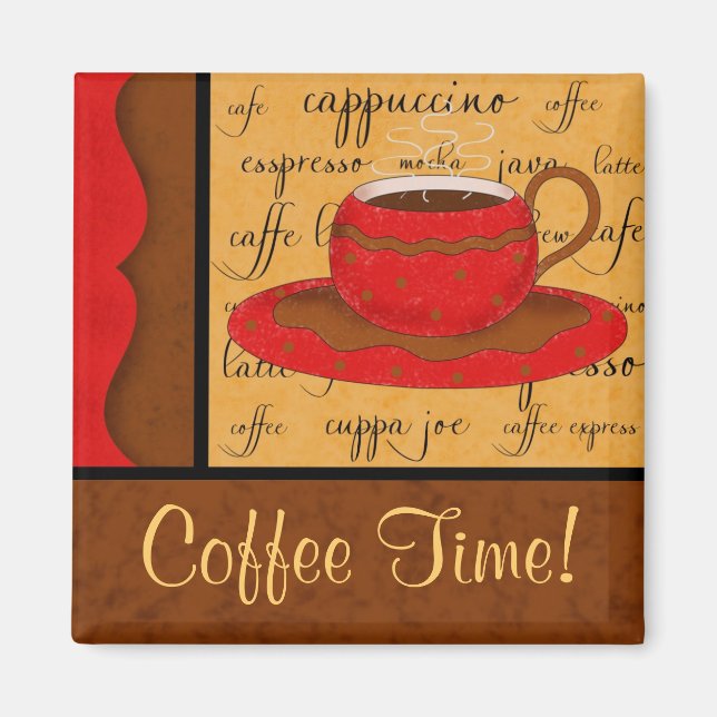 Imã Red Brown Dourado Whimsy Café Cup Art Nome persona (Frente)