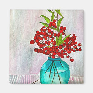 Imã Red Christmas Berries — aquarela