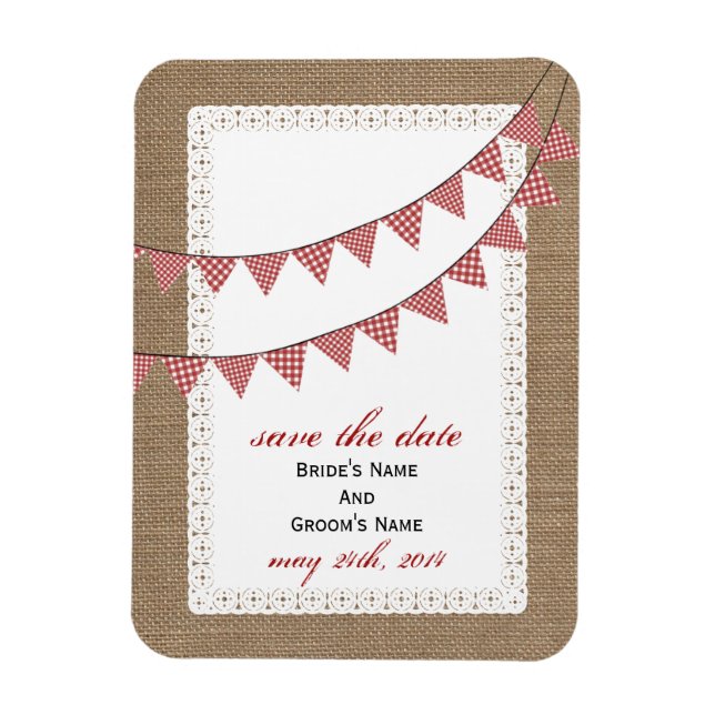 Ímã Red Gingham Bunting Burlap Inspirou Salvar A Data (Vertical)