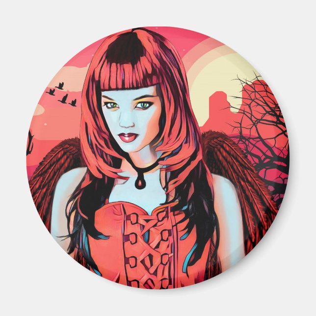 Imã Red Gothic Angel Women In Desert Original Art (Frente)