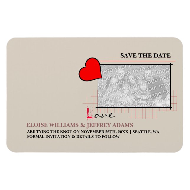 Ímã Red Heart Love Save The Date Photo (Horizontal)