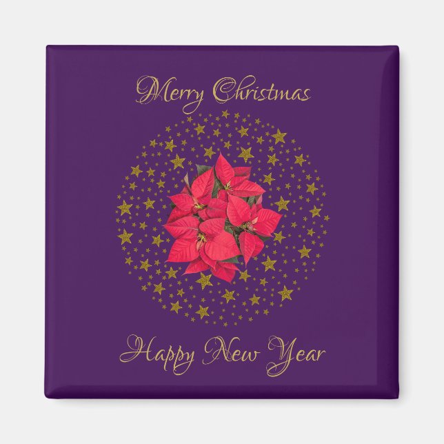 Imã Red Poinsettia Plant on glitter starry roxo sky (Frente)