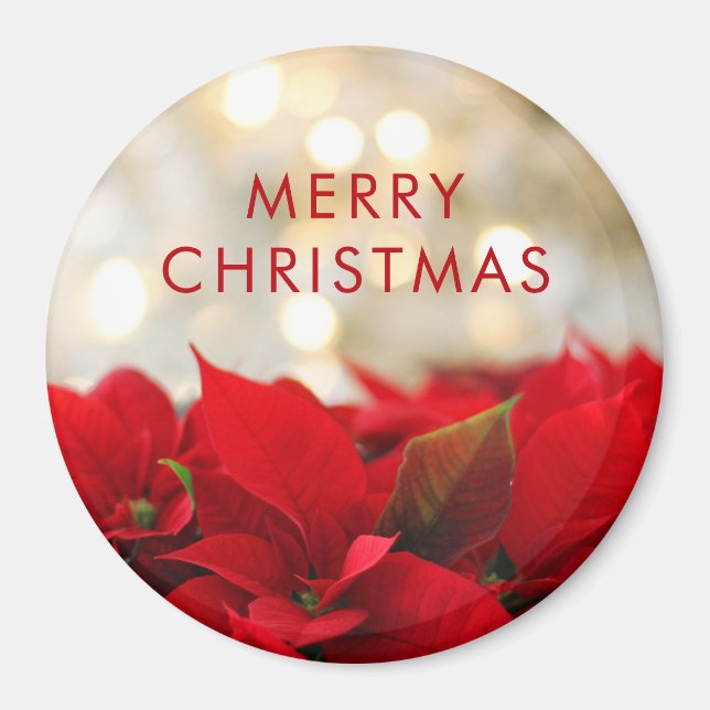 Imã Red Poinsettias com Ouro Bokeh Natal (Frente)