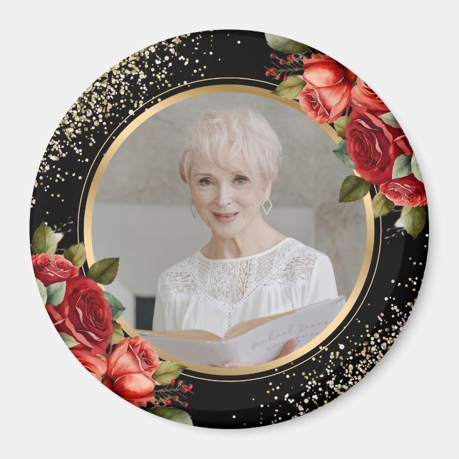 Imã Red Roses Black Gold Floral Photo (Frente)