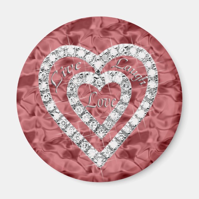 Imã Red Round Live Laugh Love Diamond Heart Magnet (Frente)