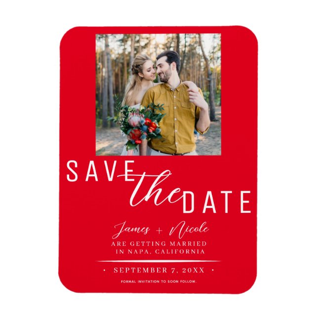 Ímã Red Save the Date Photo Wedding (Vertical)