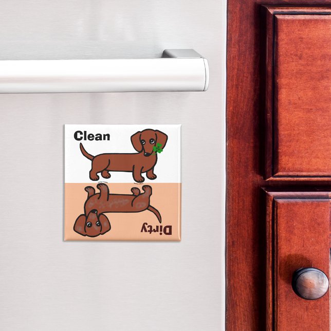Imã Red Smooth Dachshund 2 Sujo / Limpo (Cute Red Smooth Haired Dachshund Cartoon Dishwasher Magnet.  Simple design.)