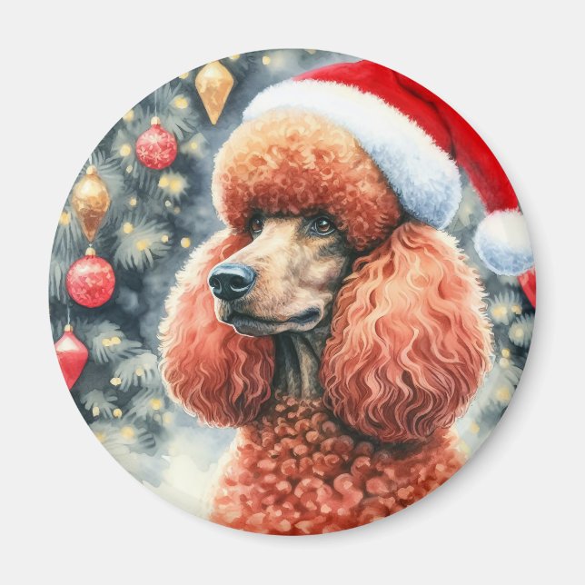 Imã Red Standard Poodle Watercolor Natal (Frente)