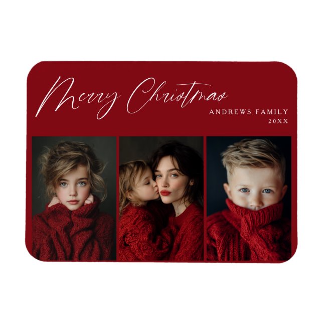 Ímã Red Three photo Christmas Holiday Design (Horizontal)