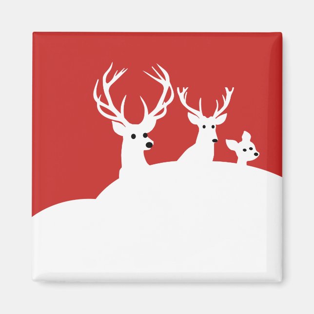 Imã Red White Reindeer Family Deer Snow (Frente)