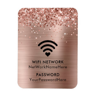 Ímã Rede WiFi e Senha em Folha de Ouro Rosa Brilhante