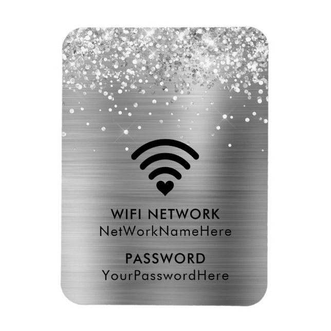 Ímã Rede WiFi e Senha em Glitter Prateado (Vertical)