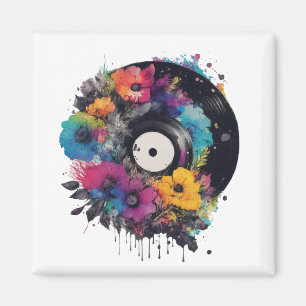 Imã Registro de vinilo com flores coloridas